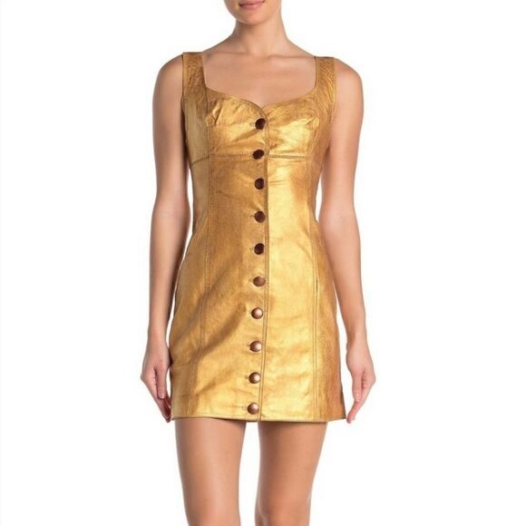 NEW FREE PEOPLE GOLDIE LEATHER MINI DRESS Gold - Picture 5 of 13